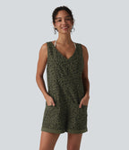 Adjustable Straps Rolled Hem Leopard Print Casual Short Dungarees with Pockets — Olive Leopard — view 1