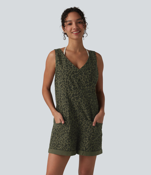 Adjustable Straps Rolled Hem Leopard Print Casual Short Dungarees with Pockets — Olive Leopard — view 1