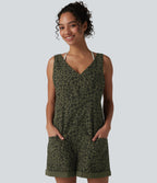 Adjustable Straps Rolled Hem Leopard Print Casual Short Dungarees with Pockets — Olive Leopard — view 4