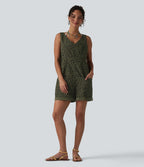 Adjustable Straps Rolled Hem Leopard Print Casual Short Dungarees with Pockets — Olive Leopard — view 7