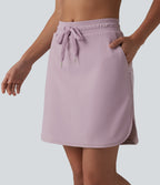 Airy Mid Rise Drawstring Curved Hem 2-in-1 InstantCool Workout Skirt with Pockets — Pink Purple — view 3