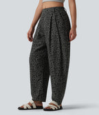 Mid Rise Leopard Print Casual Barrel Leg Trousers with Pockets — Granite Panther — view 1