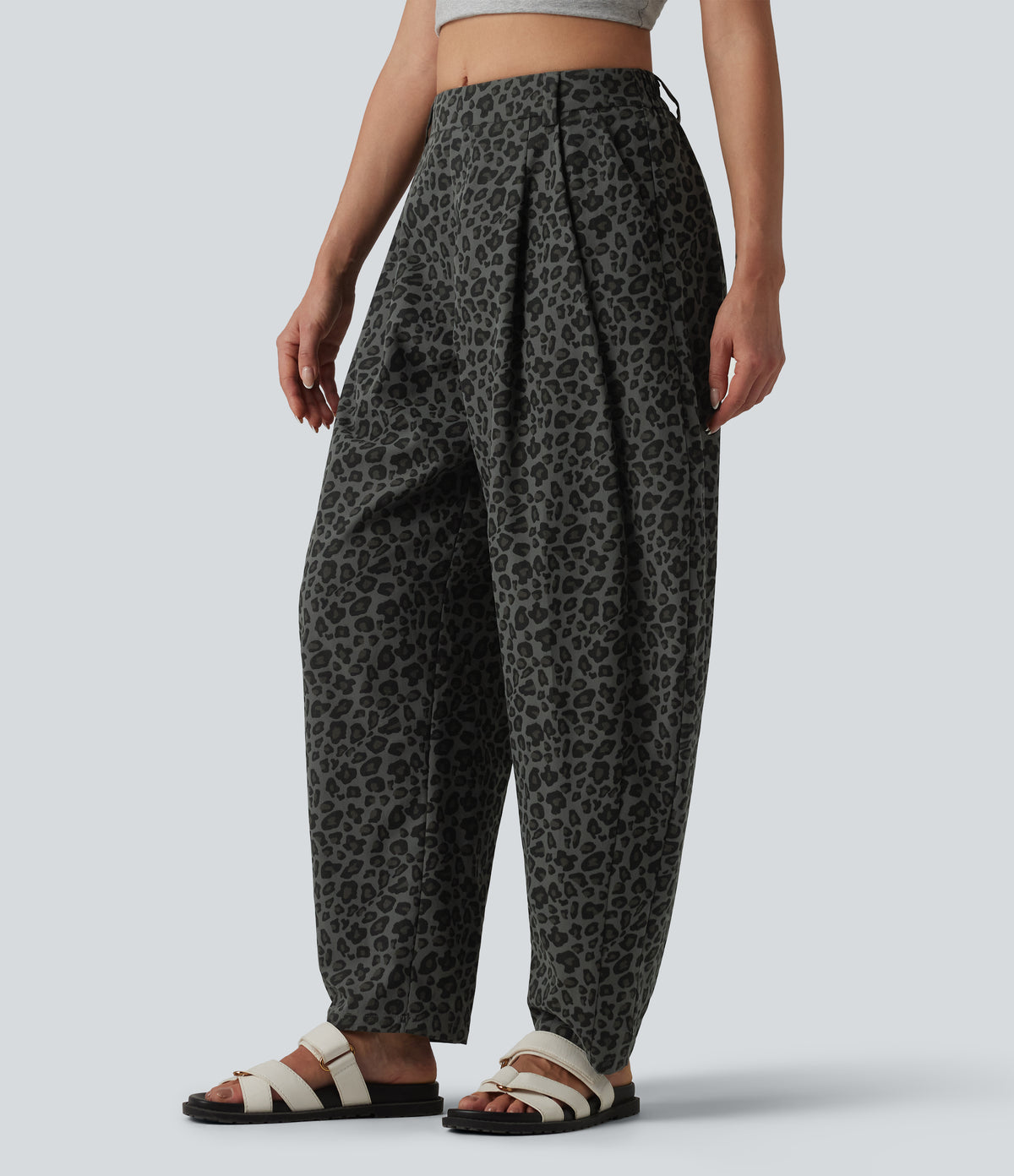 Mid Rise Leopard Print Casual Barrel Leg Trousers with Pockets — Granite Panther — view 1