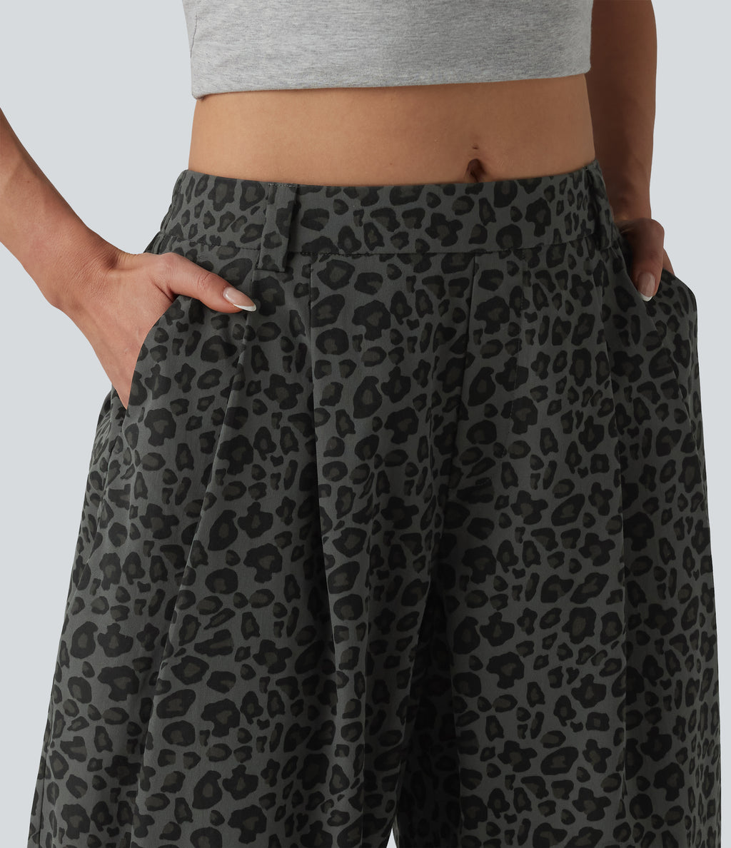 Mid Rise Leopard Print Casual Barrel Leg Trousers with Pockets — Granite Panther — view 5