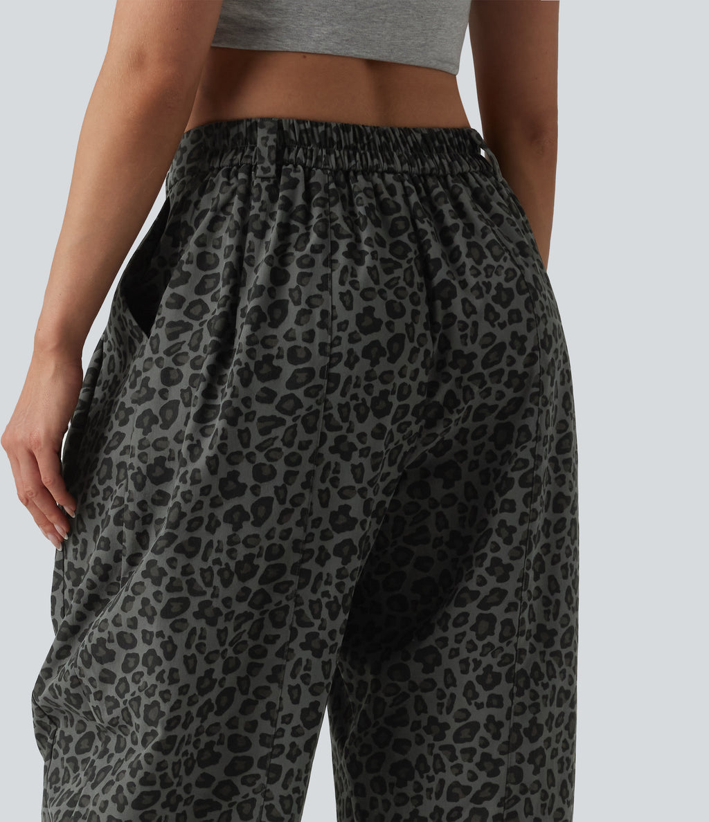 Mid Rise Leopard Print Casual Barrel Leg Trousers with Pockets — Granite Panther — view 6