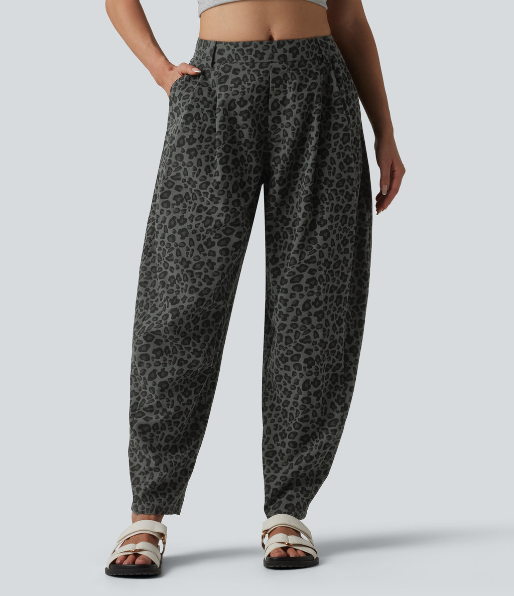 Mid Rise Leopard Print Casual Barrel Leg Trousers with Pockets — Granite Panther — view 3