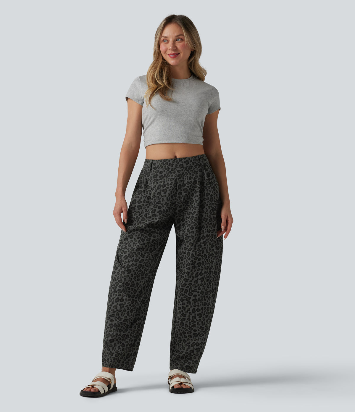 Mid Rise Leopard Print Casual Barrel Leg Trousers with Pockets — Granite Panther — view 7
