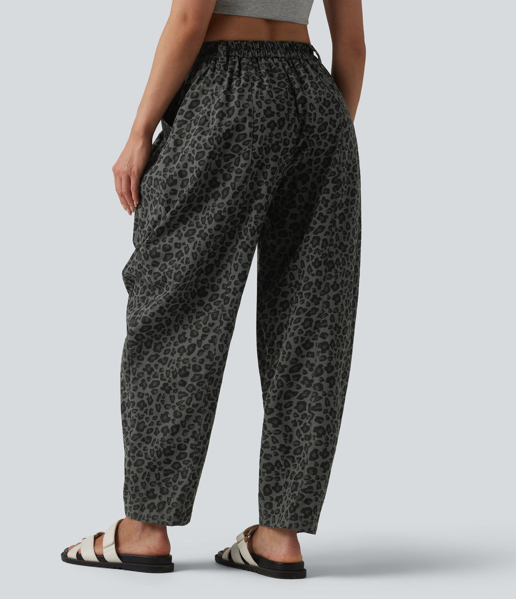 Mid Rise Leopard Print Casual Barrel Leg Trousers with Pockets — Granite Panther — view 2