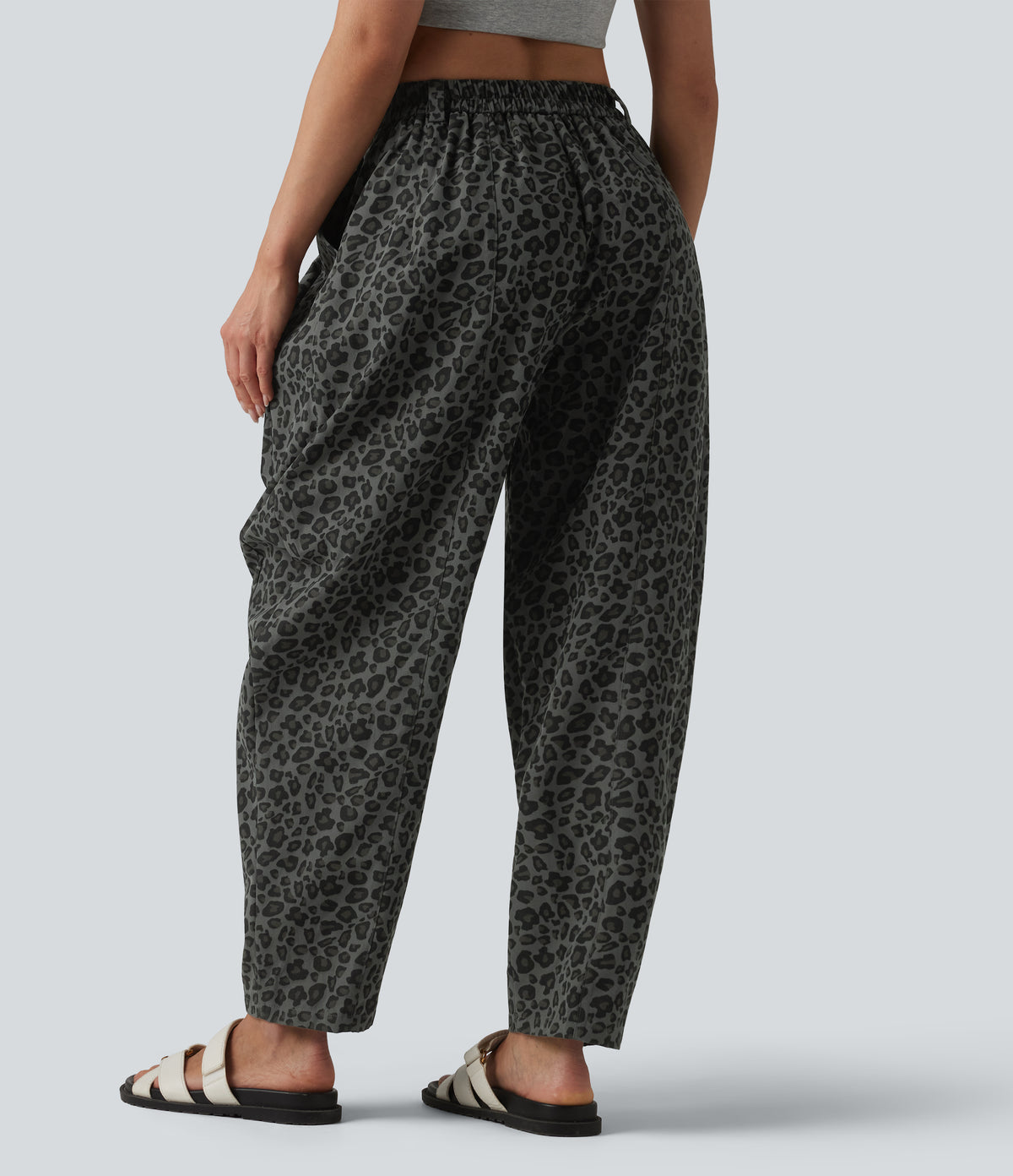 Mid Rise Leopard Print Casual Barrel Leg Trousers with Pockets — Granite Panther — view 2