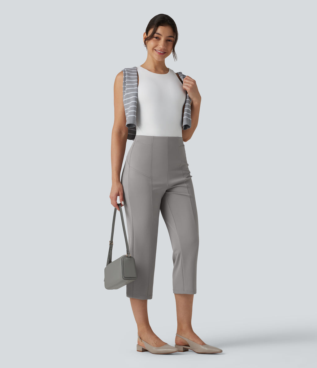 High Waisted Straight Leg Cropped Work Trousers with Pockets — Paloma — view 6