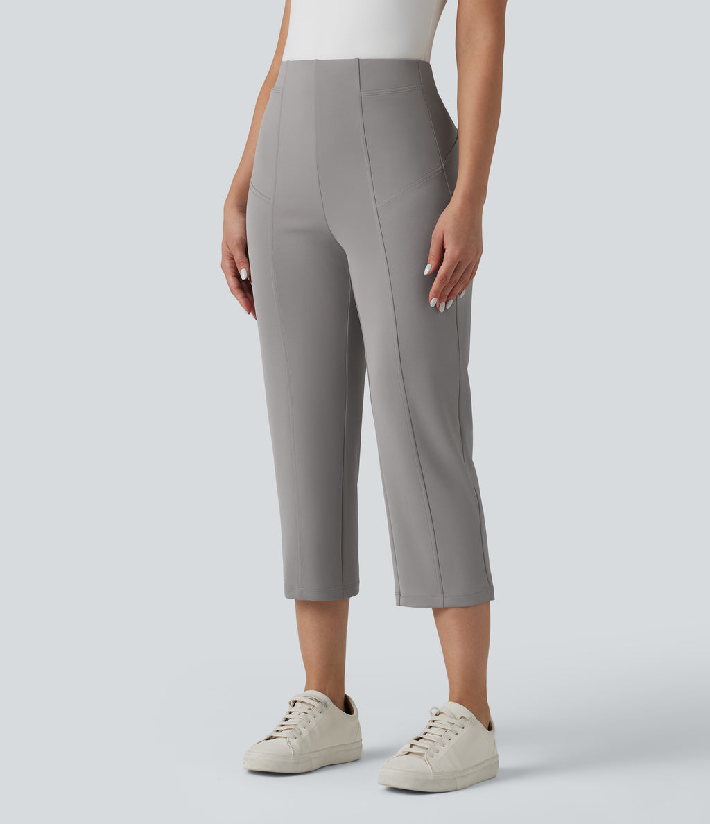 High Waisted Straight Leg Cropped Work Trousers with Pockets — Paloma — view 3