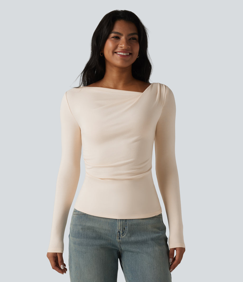 HeatCore Asymmetrical Neck Long Sleeve Slim Casual Warming Top — Whitecap Gray — view 5