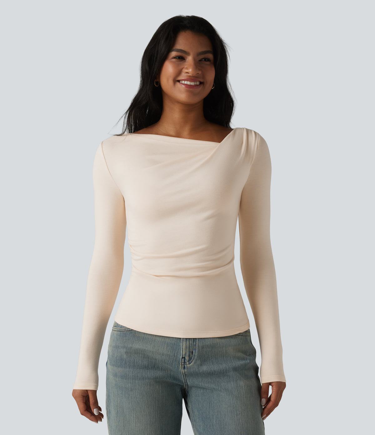 HeatCore Asymmetrical Neck Long Sleeve Slim Casual Warming Top — Whitecap Gray — view 5