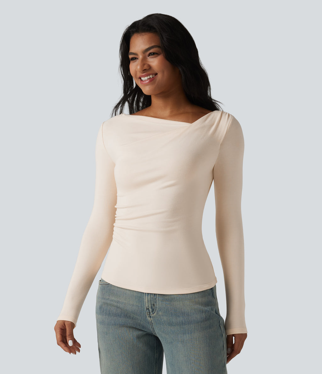 HeatCore Asymmetrical Neck Long Sleeve Slim Casual Warming Top — Whitecap Gray — view 4