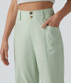 High Waisted Cotton Linen Casual Straight Leg Trousers with Pockets — Pale Aqua — view 4