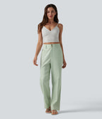 High Waisted Cotton Linen Casual Straight Leg Trousers with Pockets — Pale Aqua — view 6