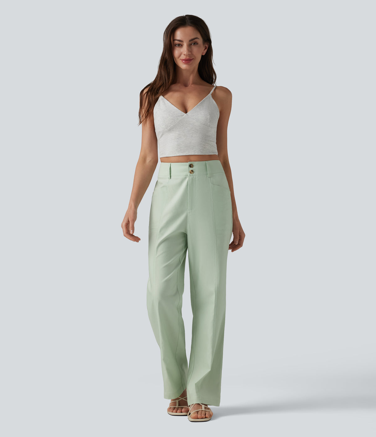 High Waisted Cotton Linen Casual Straight Leg Trousers with Pockets — Pale Aqua — view 6