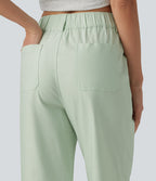 High Waisted Cotton Linen Casual Straight Leg Trousers with Pockets — Pale Aqua — view 5