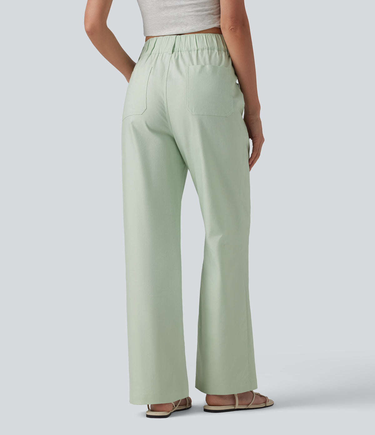 High Waisted Cotton Linen Casual Straight Leg Trousers with Pockets — Pale Aqua — view 2