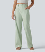 High Waisted Cotton Linen Casual Straight Leg Trousers with Pockets — Pale Aqua — view 3