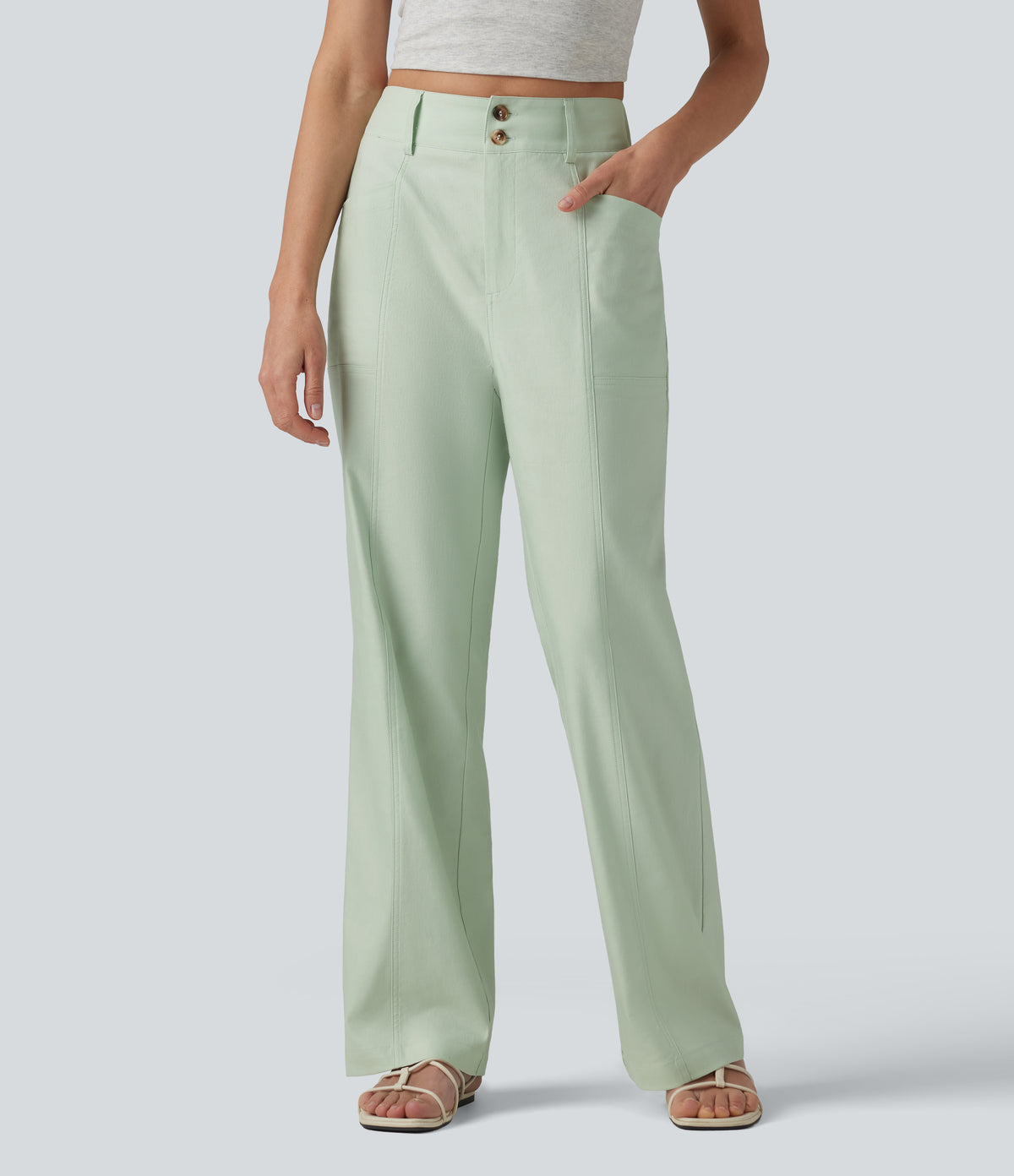 High Waisted Cotton Linen Casual Straight Leg Trousers with Pockets — Pale Aqua — view 3