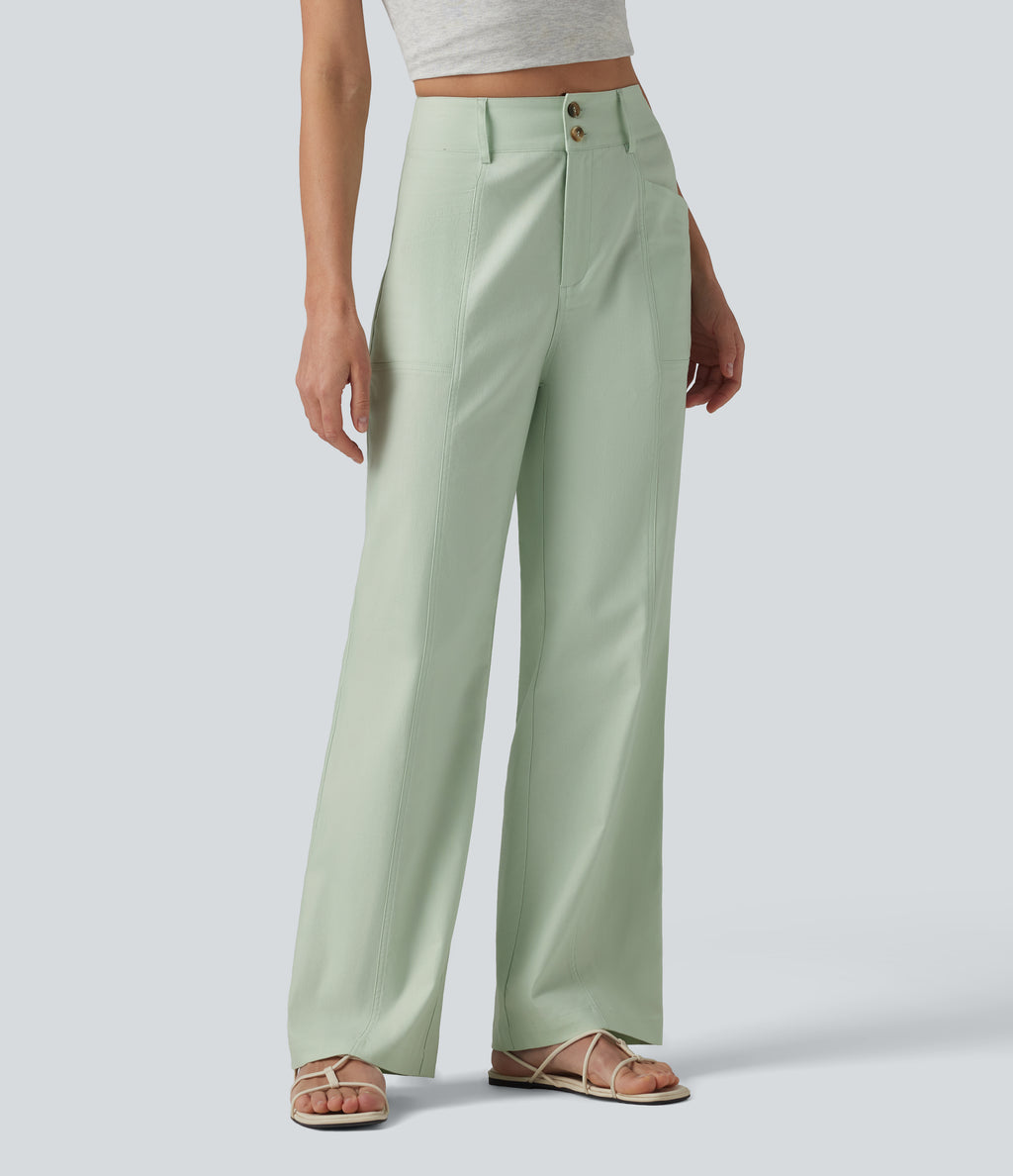 High Waisted Cotton Linen Casual Straight Leg Trousers with Pockets — Pale Aqua — view 1