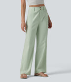 High Waisted Cotton Linen Casual Straight Leg Trousers with Pockets — Pale Aqua — view 1