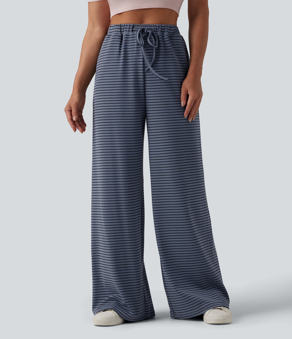 High Waisted Drawstring Stripes Casual Baggy Trousers with Pockets — Fog Line — view 3