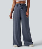 High Waisted Drawstring Stripes Casual Baggy Trousers with Pockets — Fog Line — view 3