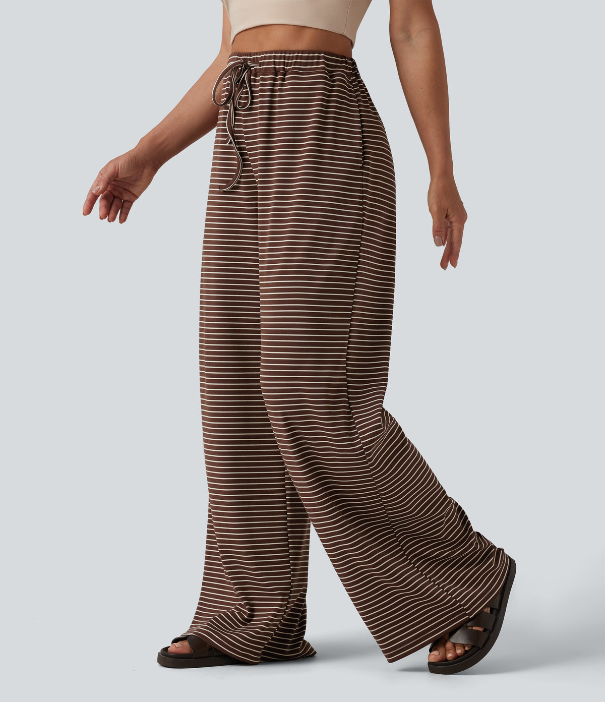 High Waisted Drawstring Stripes Casual Baggy Trousers with Pockets — Brew Line — view 6