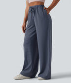 High Waisted Drawstring Stripes Casual Baggy Trousers with Pockets — Fog Line — view 1