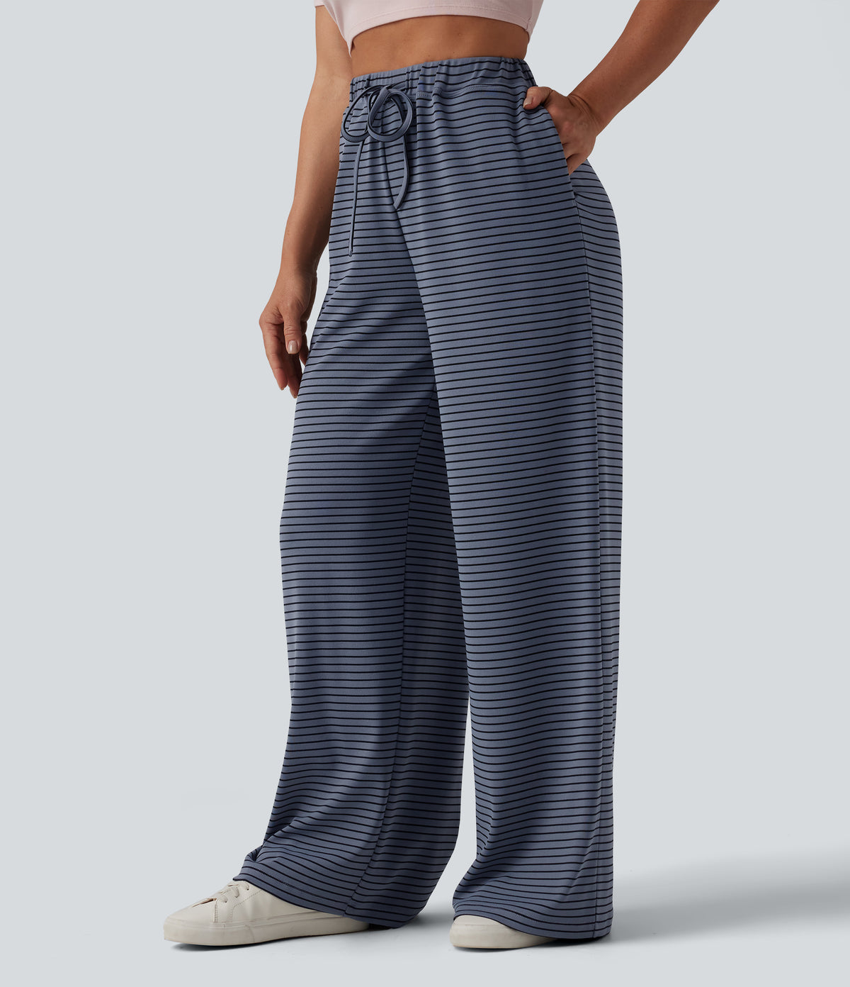 High Waisted Drawstring Stripes Casual Baggy Trousers with Pockets — Fog Line — view 1