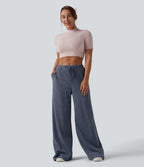 High Waisted Drawstring Stripes Casual Baggy Trousers with Pockets — Fog Line — view 5