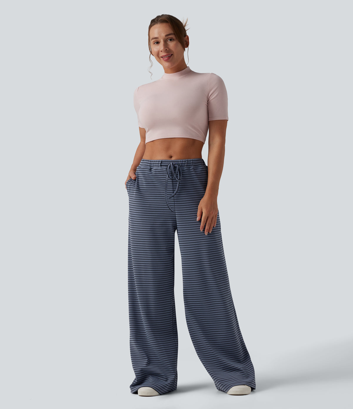 High Waisted Drawstring Stripes Casual Baggy Trousers with Pockets — Fog Line — view 5
