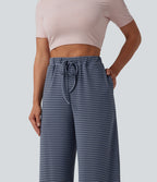 High Waisted Drawstring Stripes Casual Baggy Trousers with Pockets — Fog Line — view 4