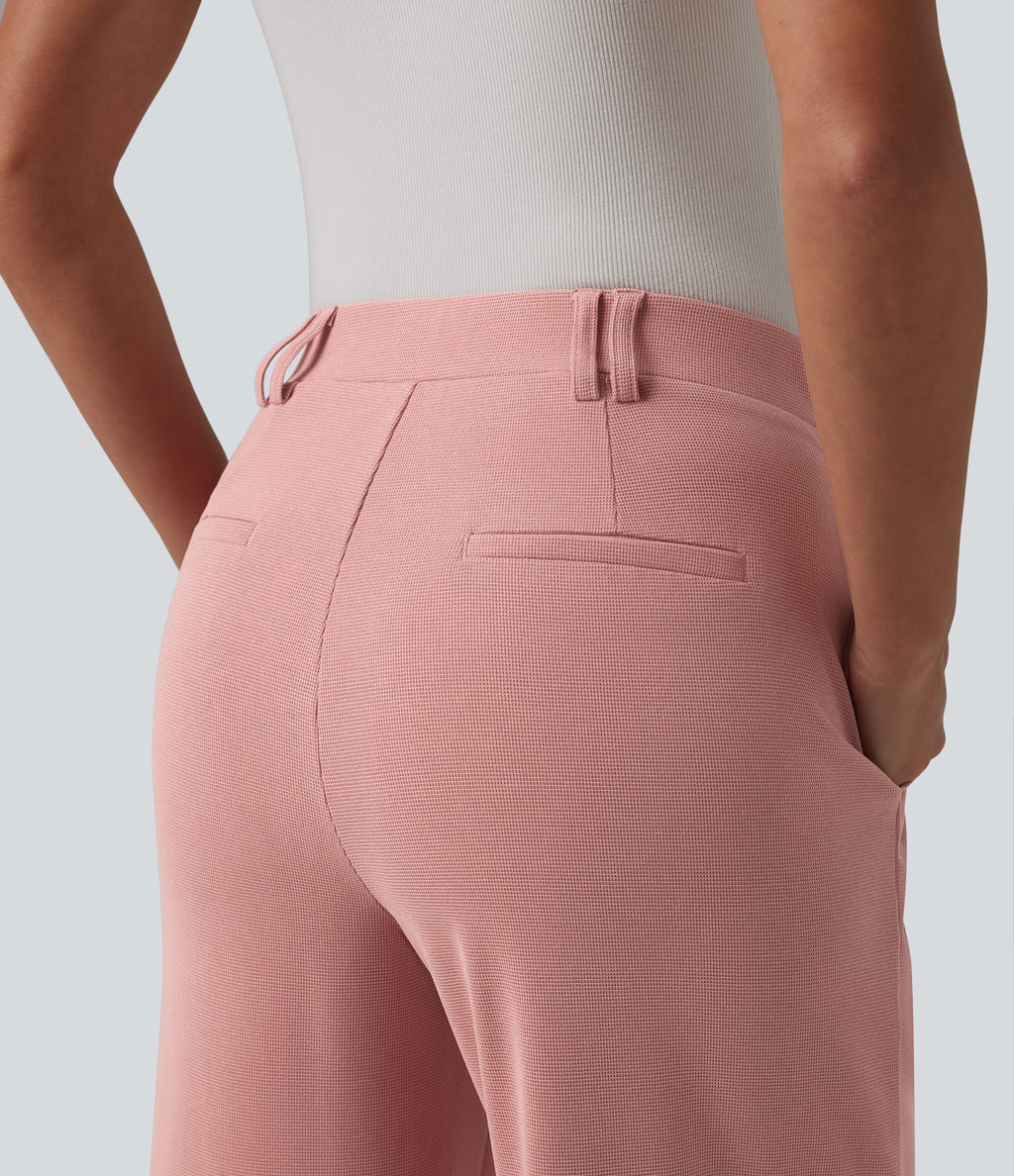 High Waisted Straight Leg Waffle Work Trousers with Pockets — Rose Tan — view 5