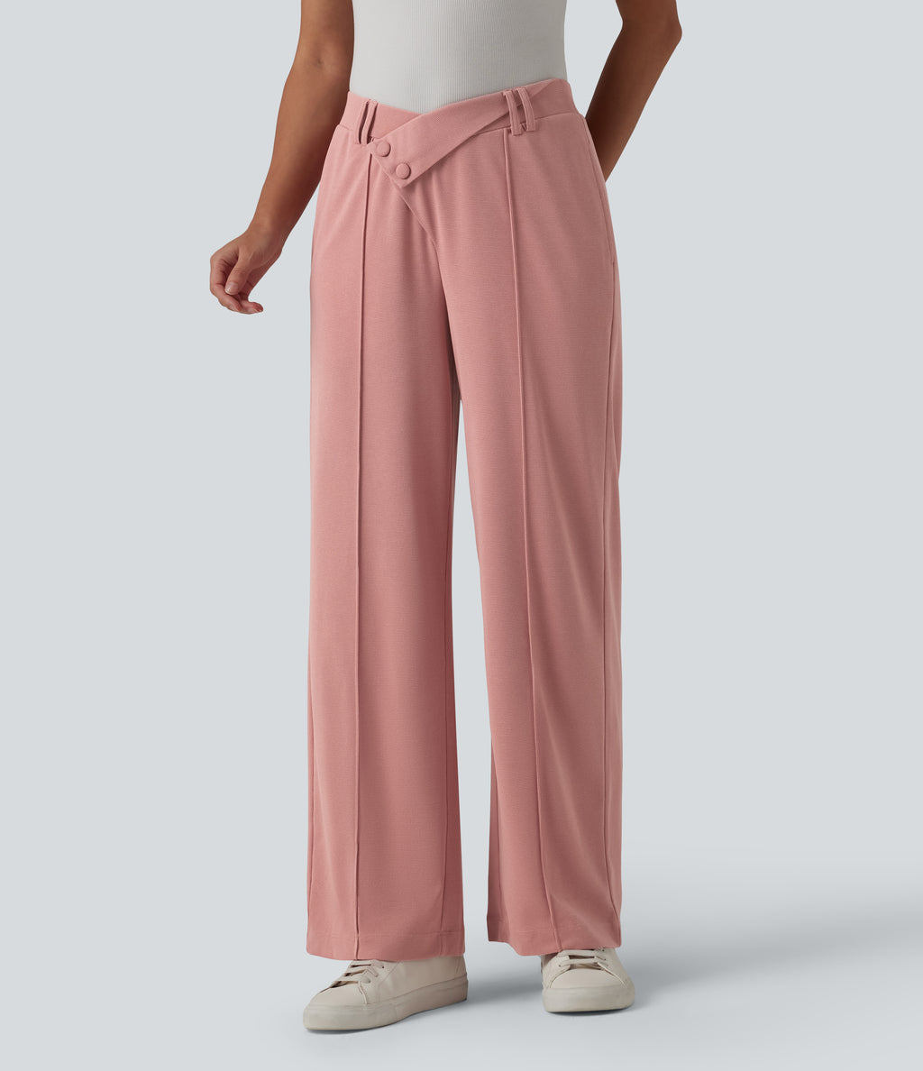 High Waisted Straight Leg Waffle Work Trousers with Pockets — Rose Tan — view 4