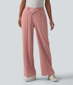 High Waisted Straight Leg Waffle Work Trousers with Pockets — Rose Tan — view 1
