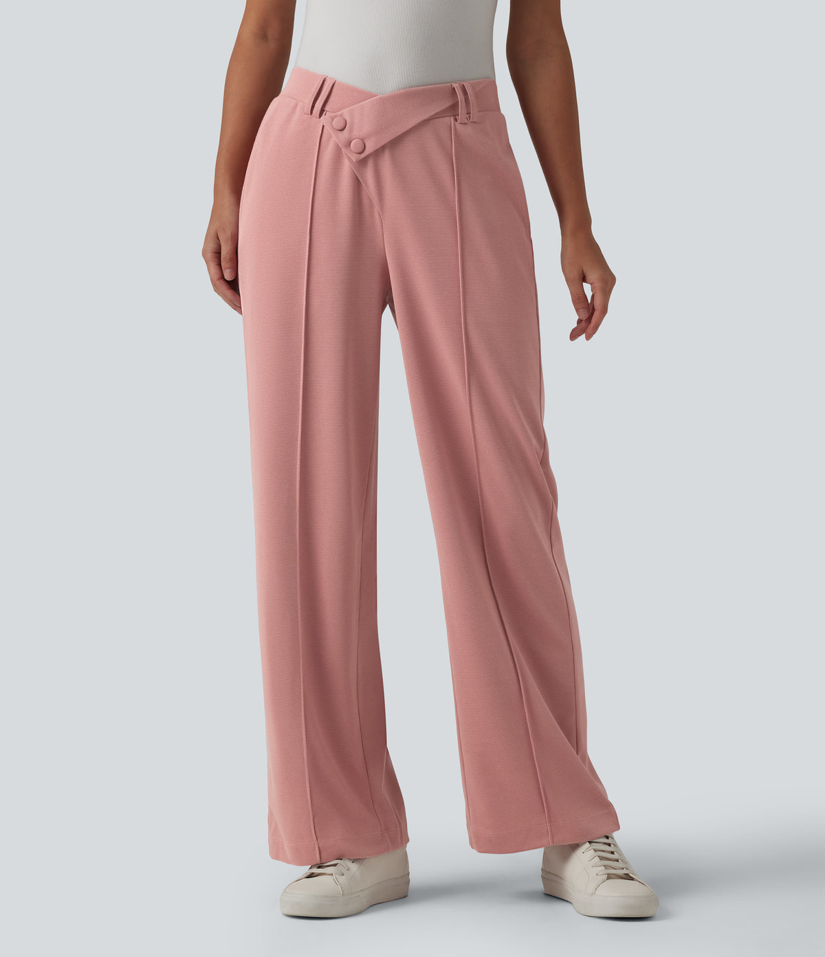 High Waisted Straight Leg Waffle Work Trousers with Pockets — Rose Tan — view 1