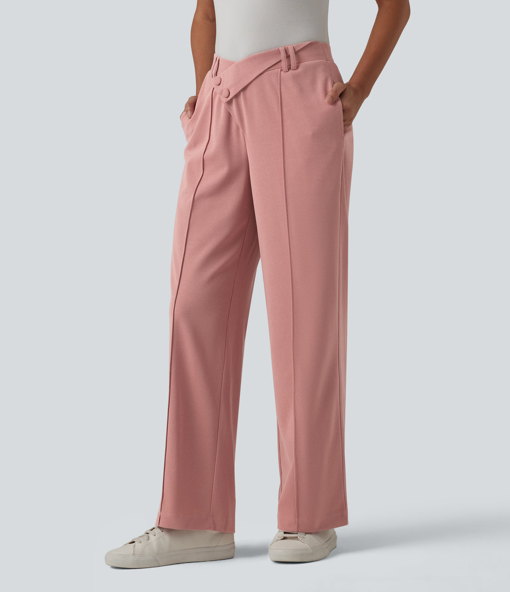 High Waisted Straight Leg Waffle Work Trousers with Pockets — Rose Tan — view 3