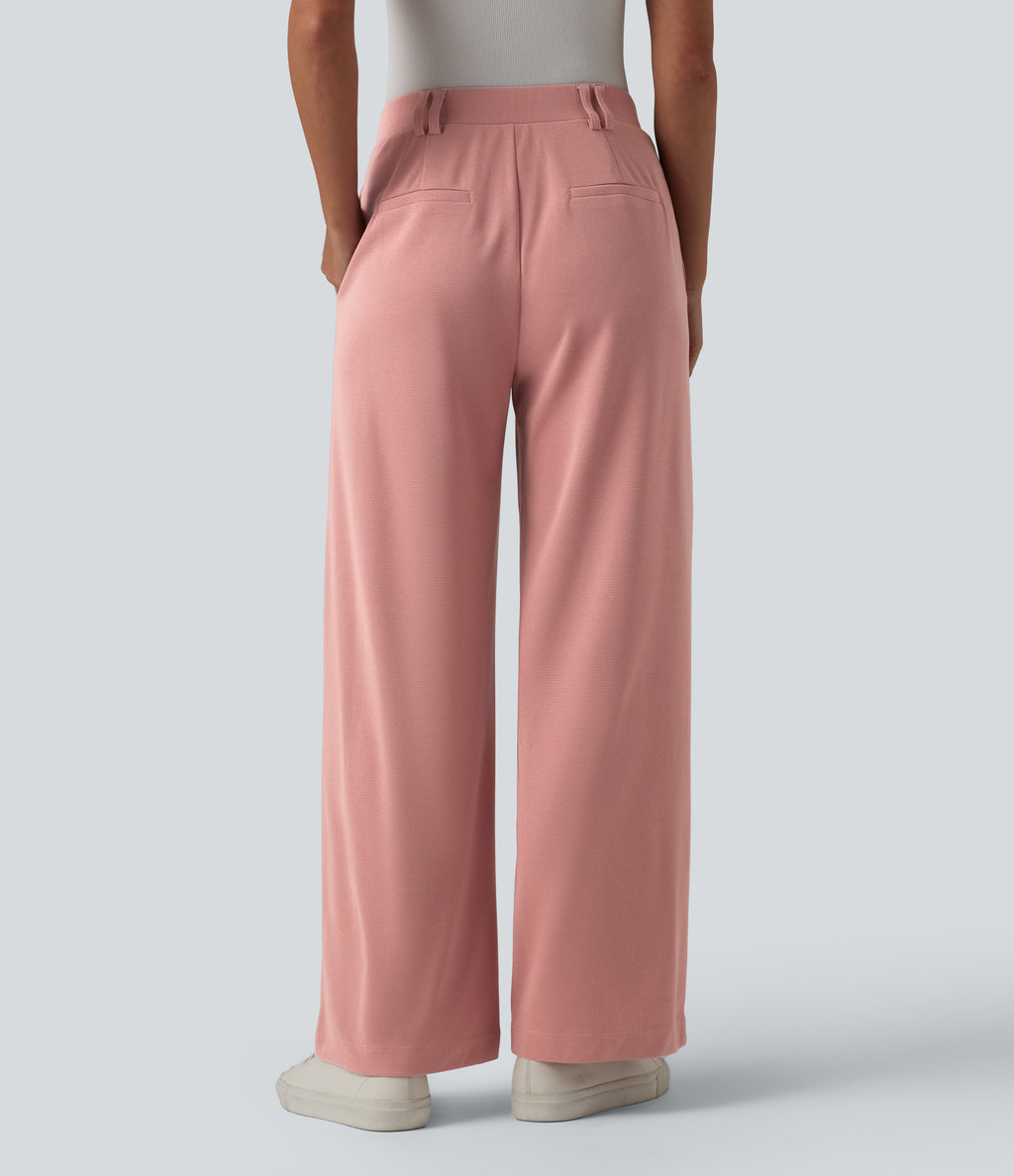 High Waisted Straight Leg Waffle Work Trousers with Pockets — Rose Tan — view 2