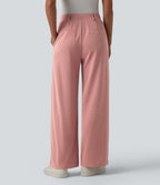 High Waisted Straight Leg Waffle Work Trousers with Pockets — Rose Tan — view 2