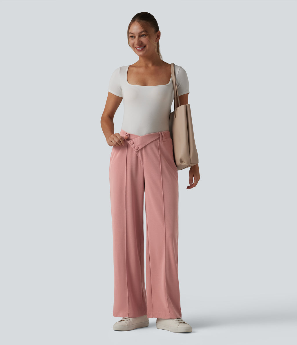High Waisted Straight Leg Waffle Work Trousers with Pockets — Rose Tan — view 7