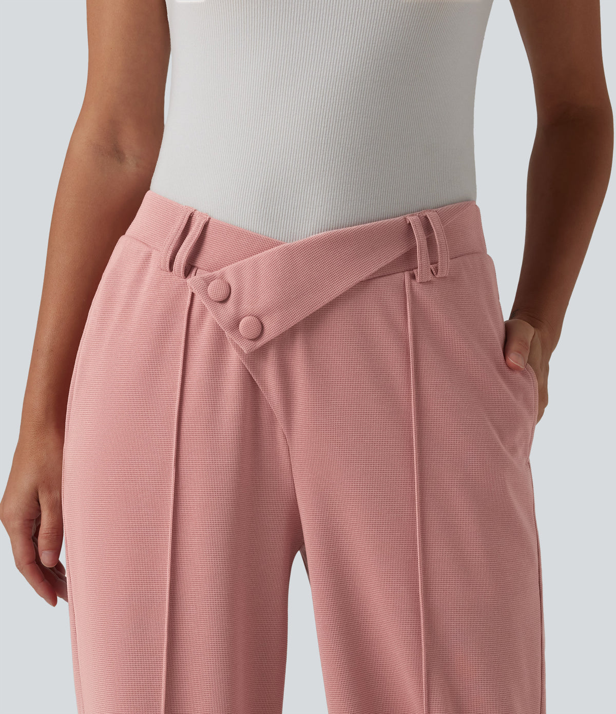 High Waisted Straight Leg Waffle Work Trousers with Pockets — Rose Tan — view 6