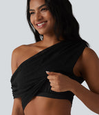 One-shoulder Built-in Bra Ruched Lace Casual Sports Top — Black — view 8
