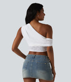One-shoulder Built-in Bra Ruched Lace Casual Sports Top — White — view 2