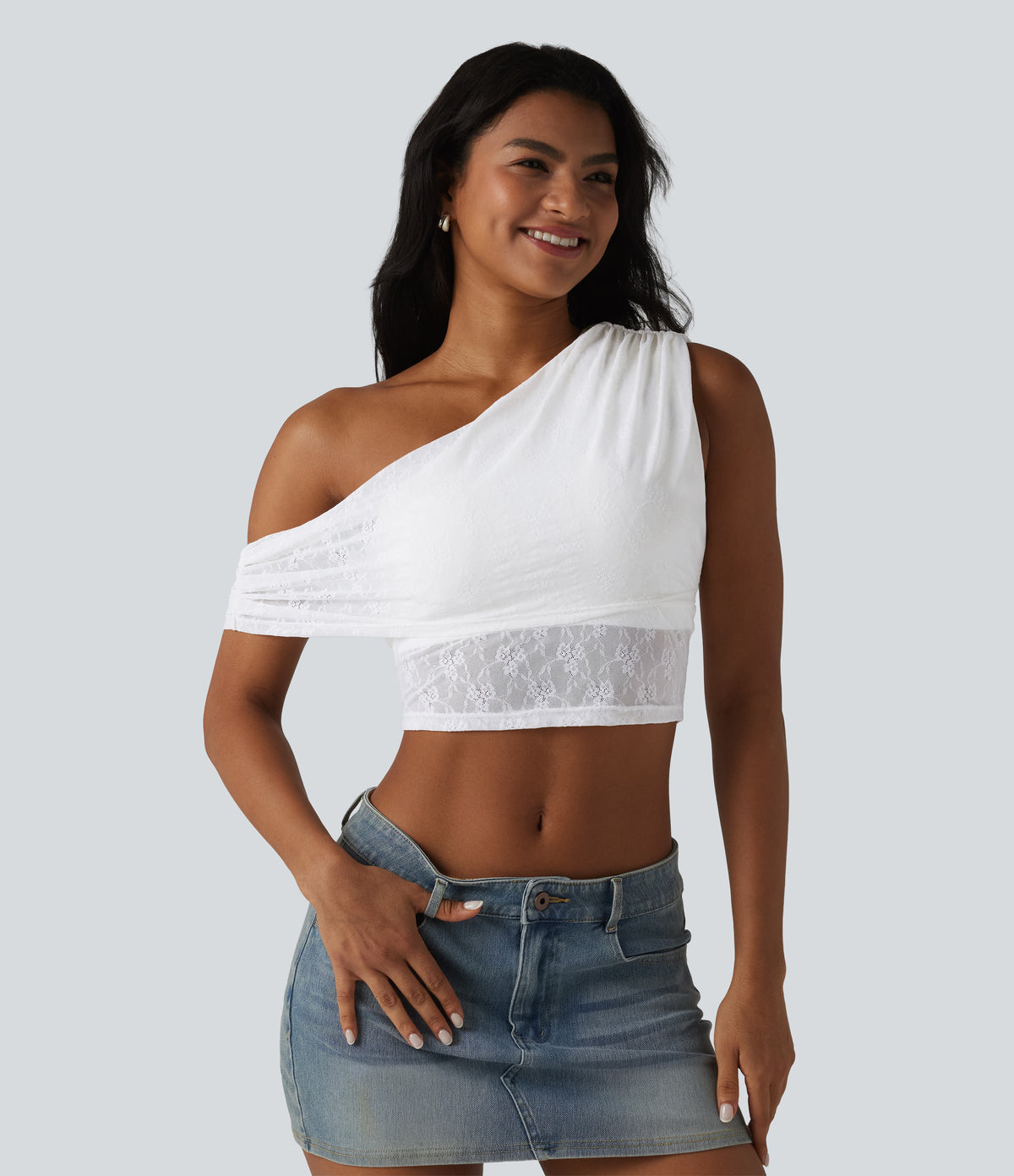 One-shoulder Built-in Bra Ruched Lace Casual Sports Top — White — view 5