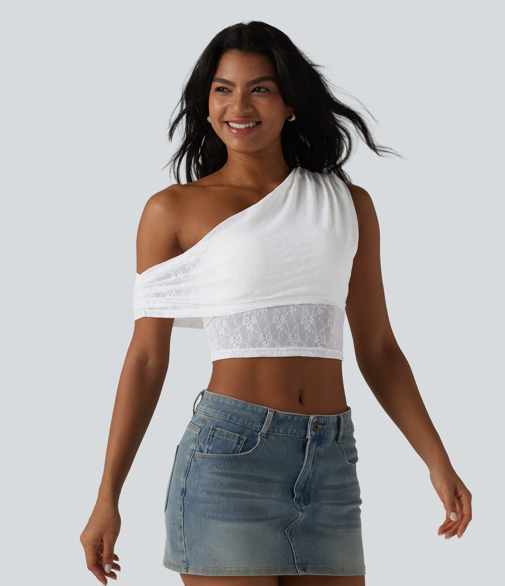 One-shoulder Built-in Bra Ruched Lace Casual Sports Top — White — view 3