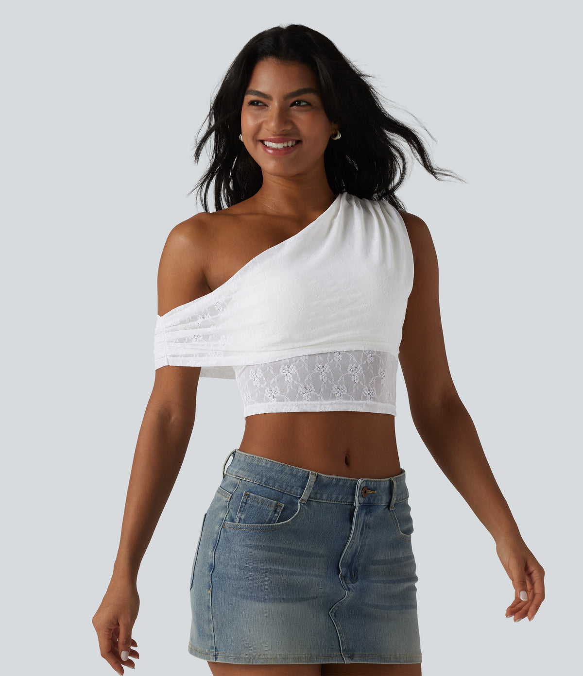 One-shoulder Built-in Bra Ruched Lace Casual Sports Top — White — view 3
