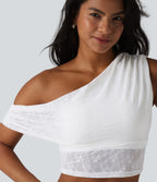 One-shoulder Built-in Bra Ruched Lace Casual Sports Top — White — view 6